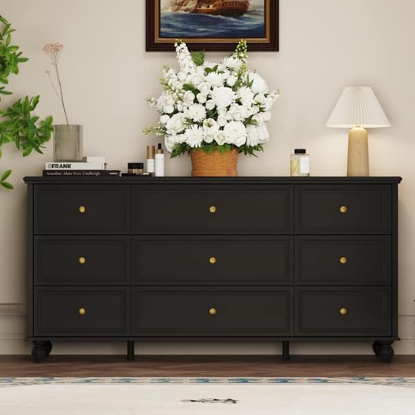 Dresser Wide Chest with Nine Drawer Grid and Gold Knobs
