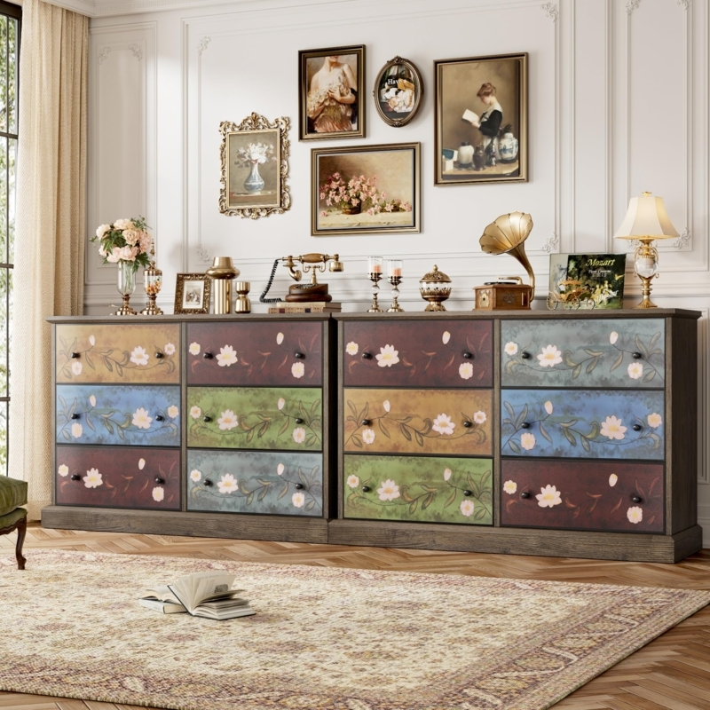 Dresser Wide Floral Painted Drawers Multi Colored Maximalist Chest
