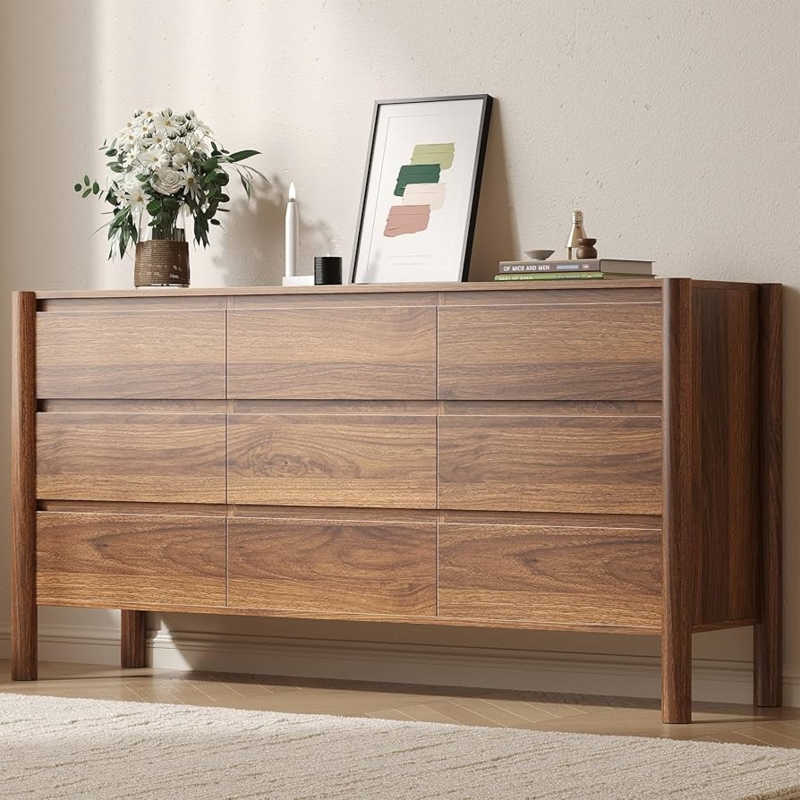 Dresser, Wide Nine-Drawer Walnut with Cylindrical Legs
