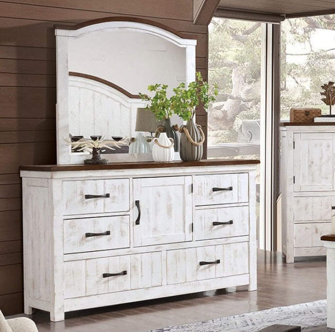 Dresser with Arched Mirror and Distressed White Finish