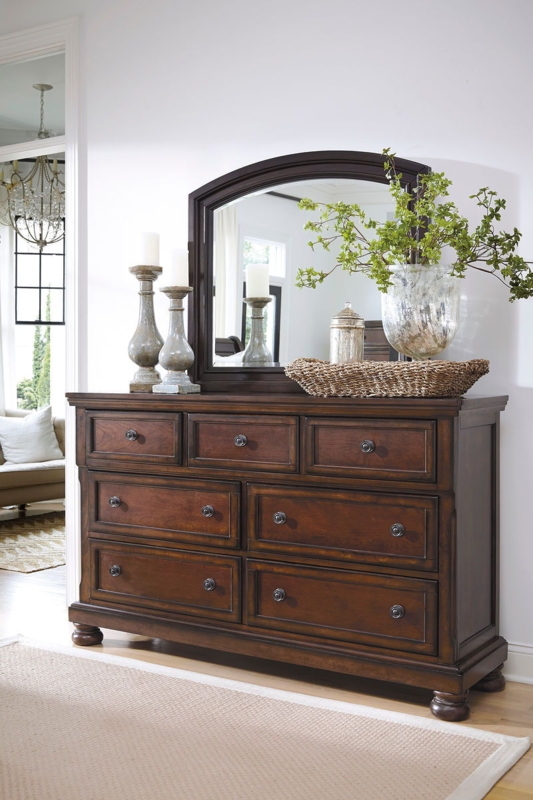 Dresser with Arched Mirror Rustic Brown, Traditional Seven Drawer Chest