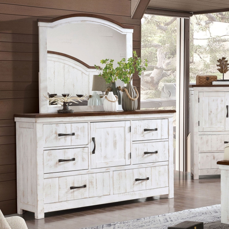 Dresser with Arched Mirror, Walnut Top Contrast, Distressed Whitewash.
