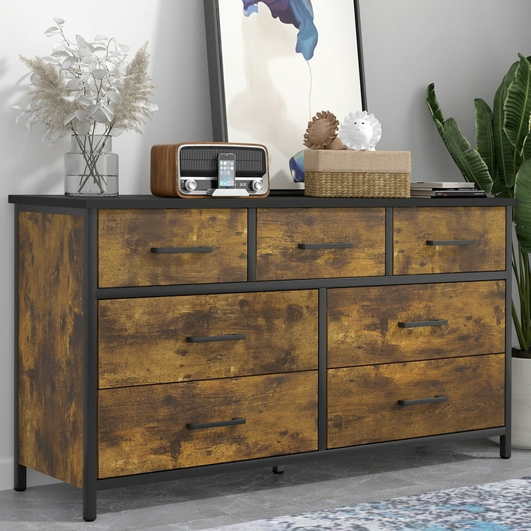 Dresser with Asymmetrical Layout, Seven Drawers, Industrial Steel Frame
