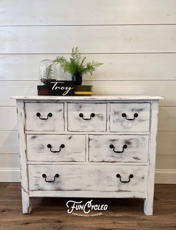 Dresser with Bail Pulls, Six Drawers, Whitewashed Wood & Distressed Finish.