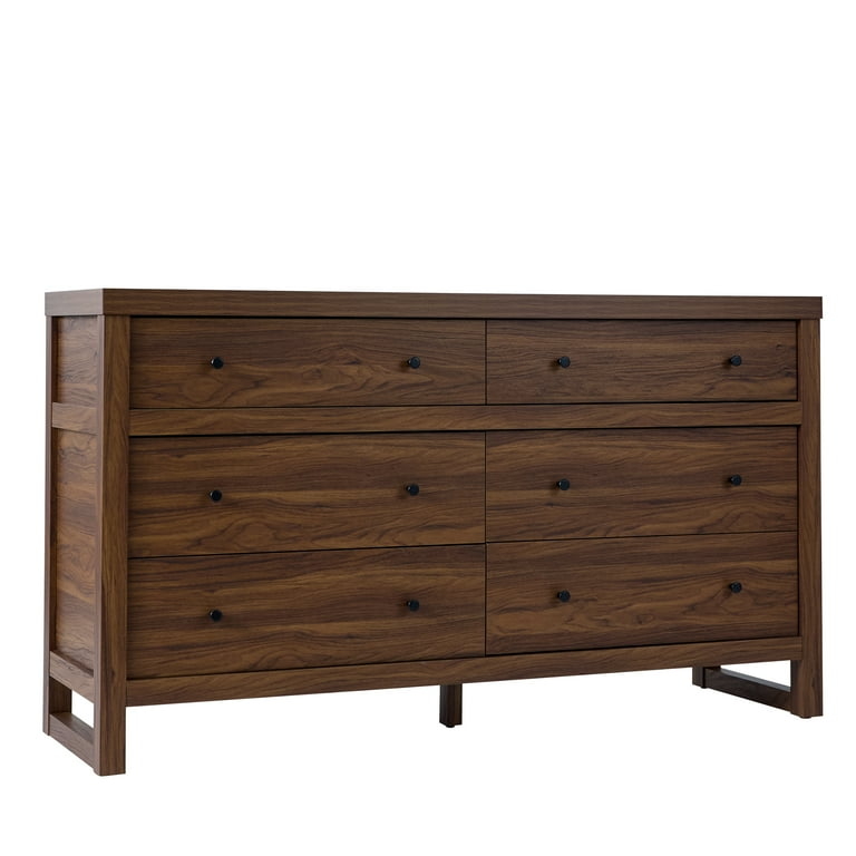 Dresser with Black Hardware, Walnut Brown Finish, Mid Century Style