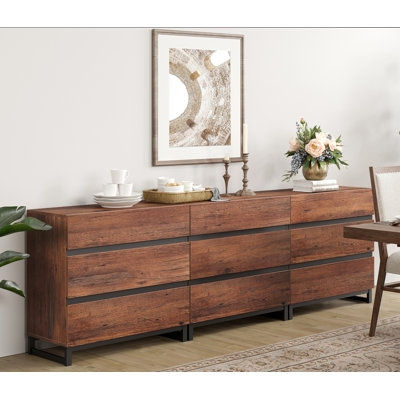 Dresser with Black Sled Base, Warm Brown Wood Finish, Minimalist Style