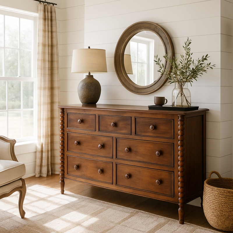Dresser with Bobbin Turned Detail and Warm Wood Stain, Coastal Farmhouse