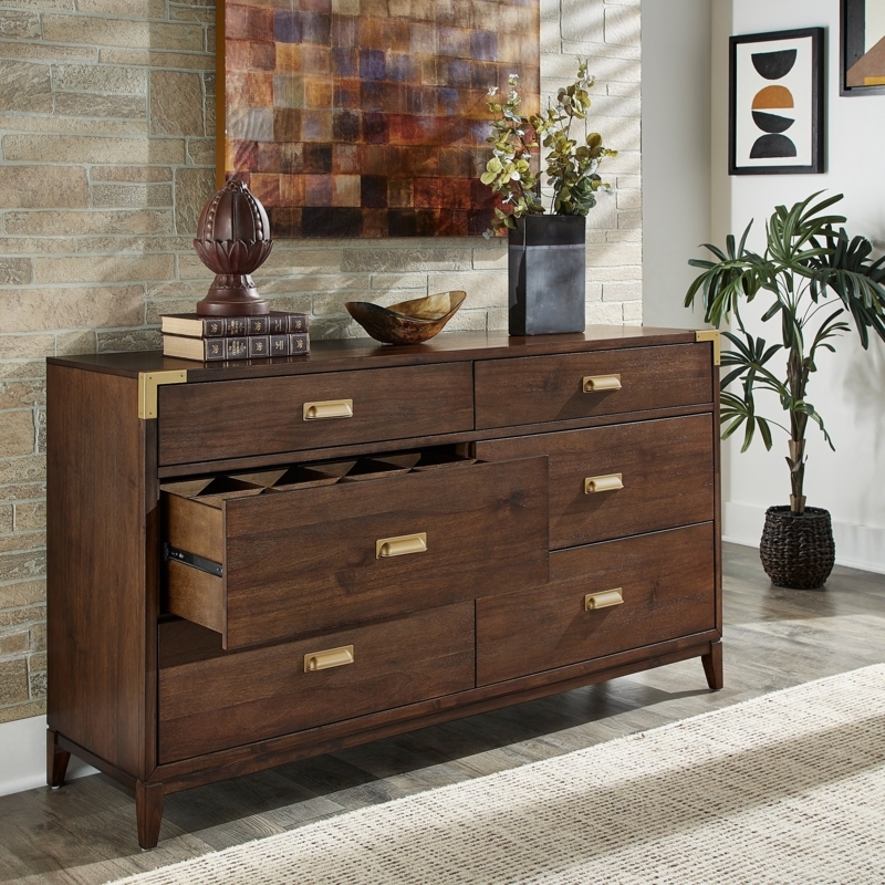 Dresser with Brass Corner Brackets, Dark Walnut Finish, Campaign Style