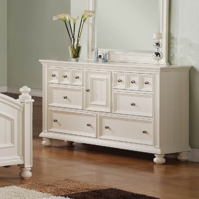 Dresser with Cabinet Door, Off-White Finish, Bun Feet, Coastal Style