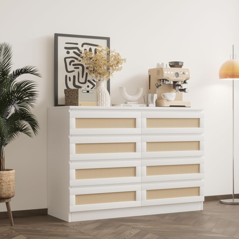 Dresser with Cane Fronts and Matte Finish, Eight Drawer Farmhouse Storage