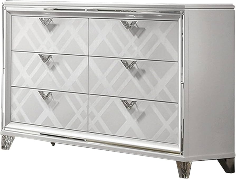 Dresser with Carved Acrylic Feet, White Finish, Glam Style