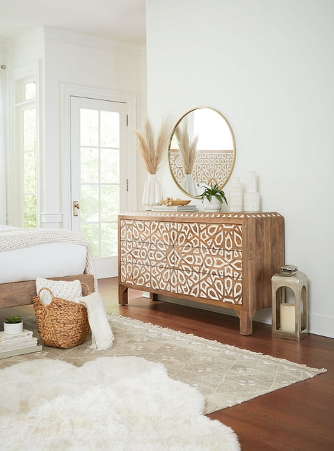 Dresser with Carved Fronts: Whitewashed 6-Drawer Geometric Chest
