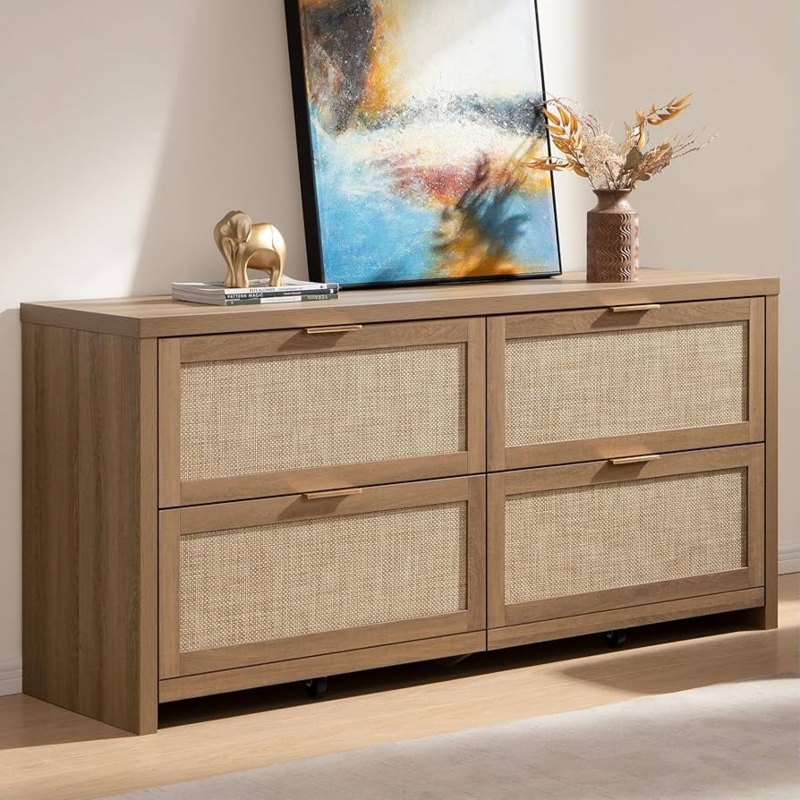 Dresser with Casters: Caramel Oak 4-Drawer Chest & Rattan Inserts