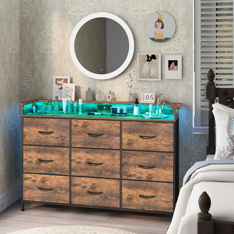Dresser with Charging Station and LED Lit Top Shelf