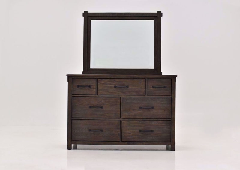 Dresser with Craftsman Mirror Frame, Dark Brown Finish, Seven Drawers