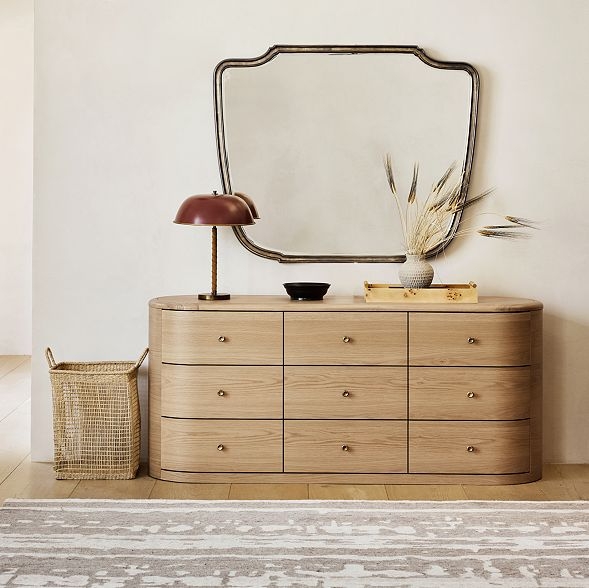 Dresser with Curved Sides Light Wood Organic Modern Nine Drawer Layout