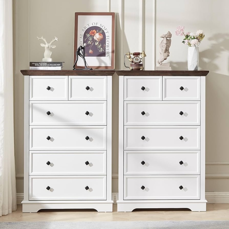 Dresser with Dark Wood Top, Framed Drawer Fronts, White Farmhouse Storage