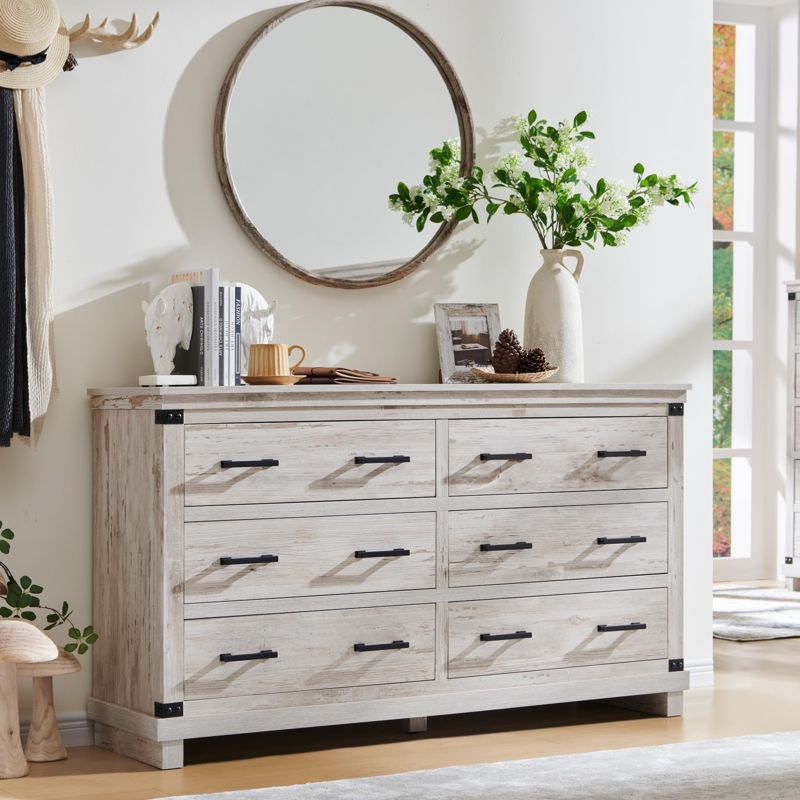 Dresser with Distressed Whitewash and Black Hardware, Wood Chest Drawers