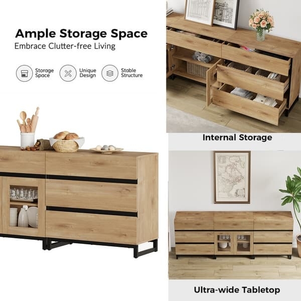 Dresser with Glass Cabinet Insert and Seven Drawers in Oak Finish