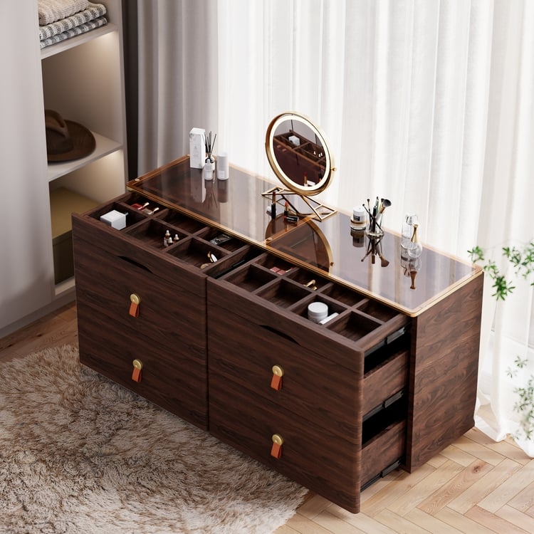 Dresser with Glass Top and Leather Pulls, Modern Walnut