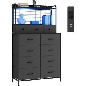 Dresser with Integrated Charging, 11 Fabric Drawers, Industrial Hutch Top