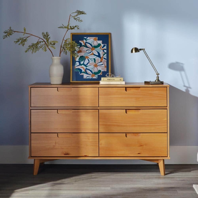 Dresser with Integrated Finger Pulls in Caramel Mid Century Modern