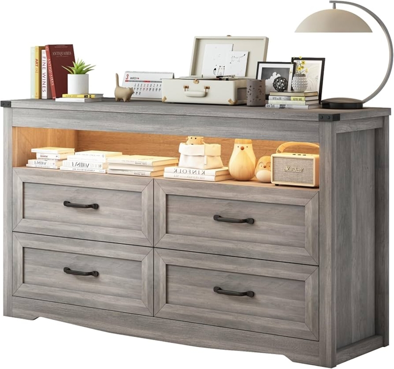 Dresser with Integrated LED Lighting Open Shelf Grey Wood Farmhouse