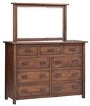 Dresser with Integrated Mirror, Nine Drawers, Dark Wood Tone