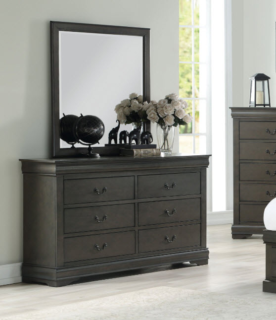 Dresser with Matching Mirror, Traditional Dark Gray Finish, Six Drawers.