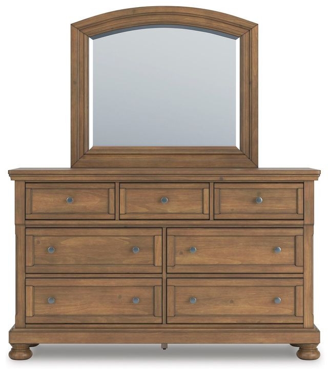 Dresser with Mirror in Medium Brown, Arched Frame, Bun Feet, Classic