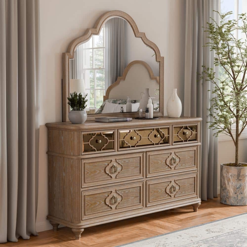 Dresser with Mirror, Lattice Mirrored Drawers, Scalloped Arched Mirror