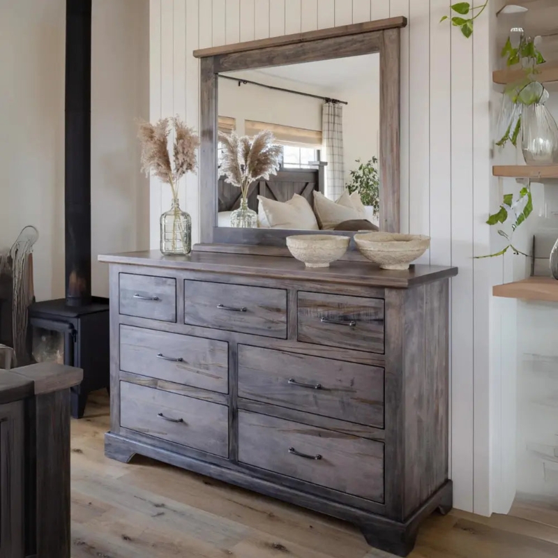 Dresser with Mirror Weathered Gray Finish 7 Drawers Farmhouse