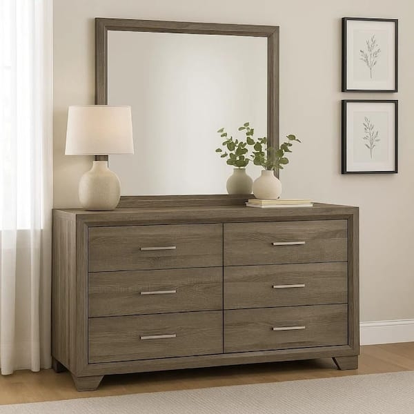 Dresser with Mitered Trim, Silver Bar Pulls, Matching Mirror, Oak Wood