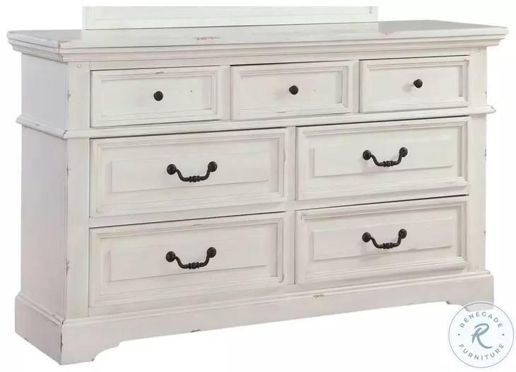 Dresser with Mixed Black Hardware, Seven Drawers, Paneled Drawers & Feet.