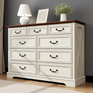 Dresser with Nine Drawers and Two-Tone Finish, Rustic X-Brace Chest
