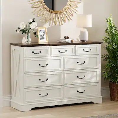 Dresser with Nine Drawers and X-Brace Sides, White Farmhouse Cup Pulls