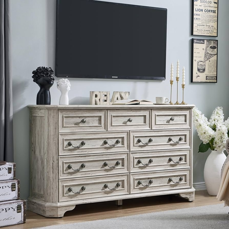 Dresser with Nine Drawers, Ornate Metal Handles & Bun Feet.