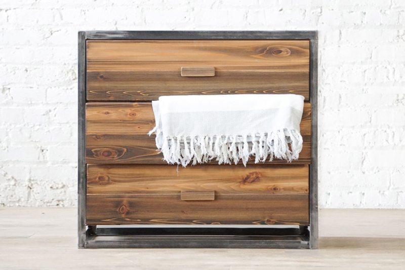 Dresser with Open Base, Three Drawers, Rustic Wood and Metal Frame
