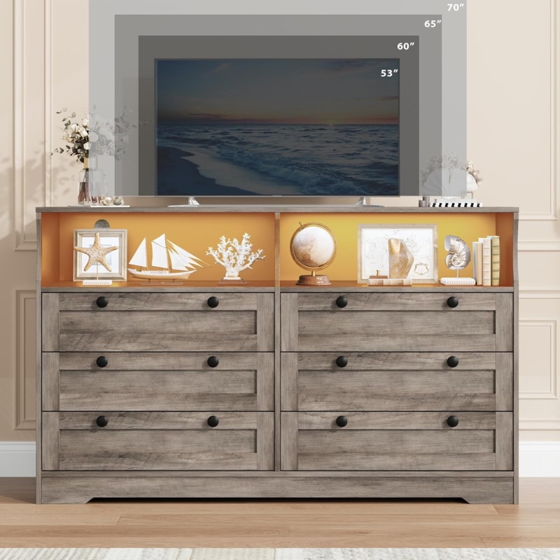 Dresser with Open Display Shelf, Six Drawers, Weathered Gray, LED Lit