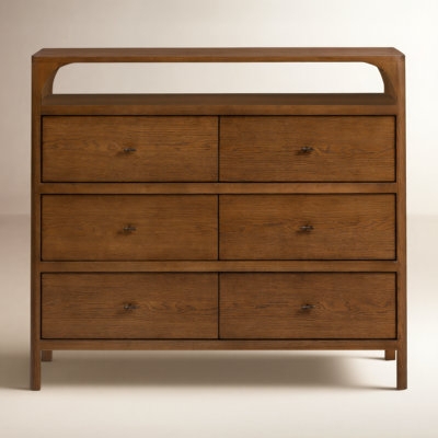 Dresser with Open Top Shelf, Six Drawers, Warm Wood Grain, Modern Lodge