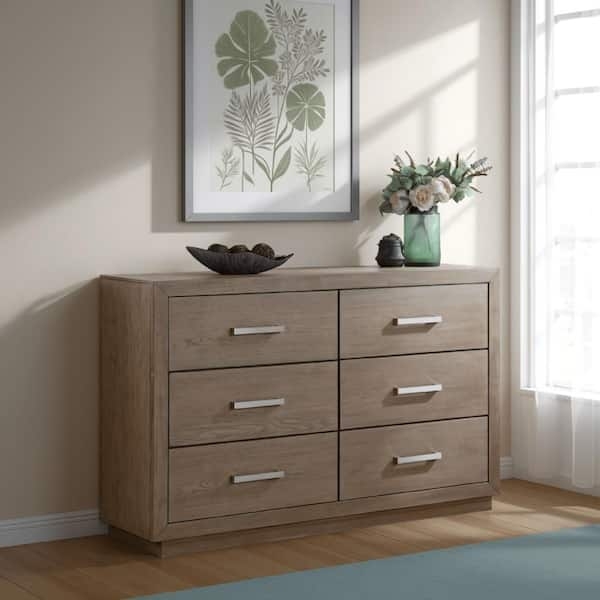 Dresser with Plinth Base, Brown Wood Finish, Modern Style