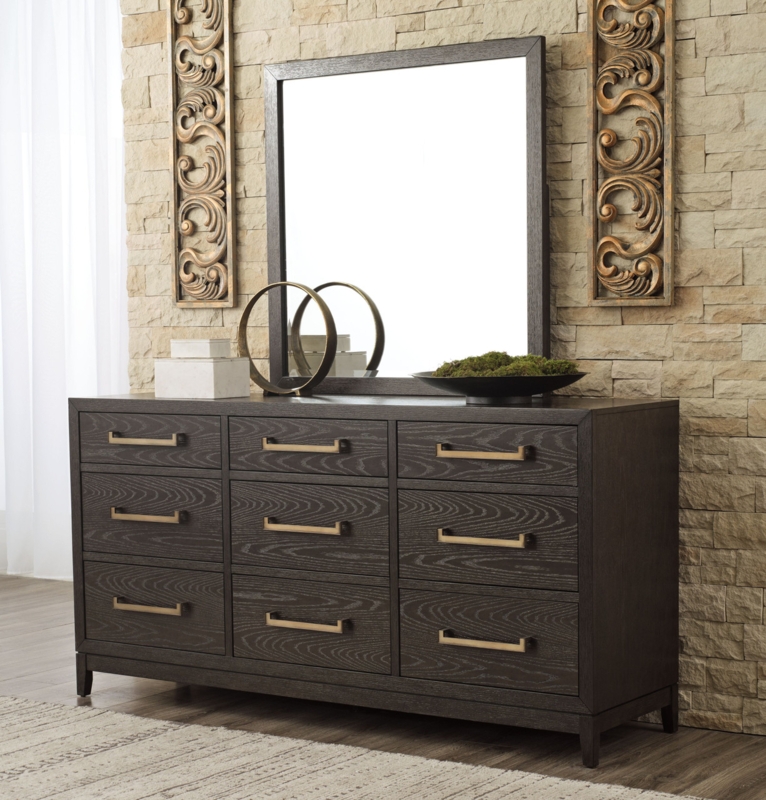 Dresser with Pronounced Wood Grain, 3x3 Drawer Layout, Brass Hardware