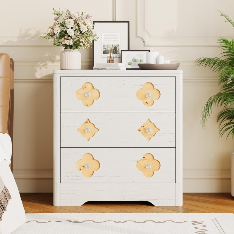 Dresser with Quatrefoil Inlay: Whitewashed 3-Drawer Chest
