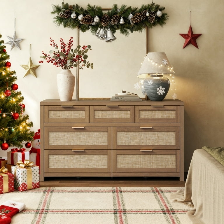 Dresser with Rattan Fronts: Wide Seven-Drawer Chest in Warm Wood