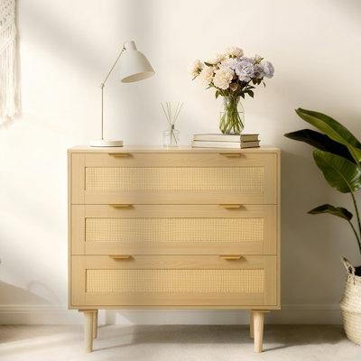 Dresser with Rattan Inlay: Light Wood 3-Drawer Chest & Gold Handles