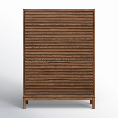 Dresser with Ribbed Front, Integrated Pulls, Wood Grain, Five Drawers
