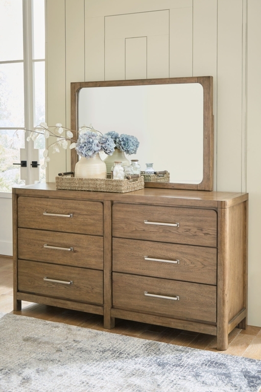 Dresser with Rounded Frame Corners, Light Brown Wood Grain, Farmhouse Set