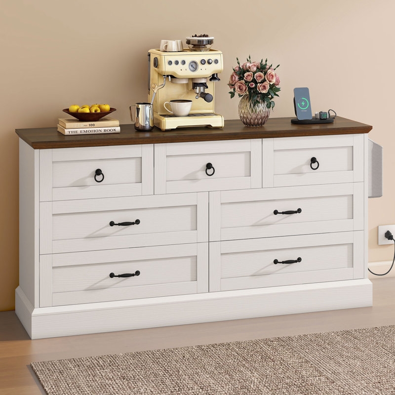 Dresser with Side Power Outlet and Shaker Style Panels, Farmhouse Storage