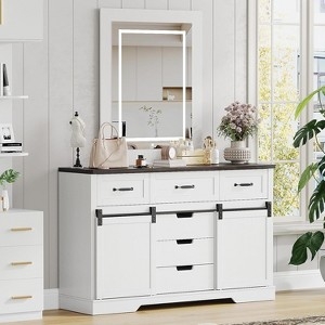 Dresser with Sliding Barn Doors and LED Light Mirror, Farmhouse Vanity