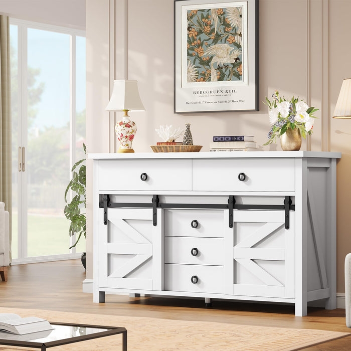 Dresser with Sliding Barn Doors, X-Brace Detail, White Farmhouse Storage